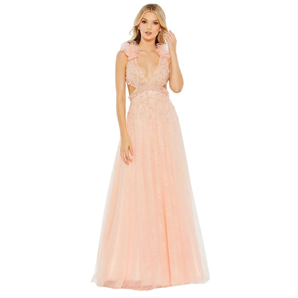 Mac Duggal NWT Plunging Neck A-Line Lace Up Dress in Peach Size 6